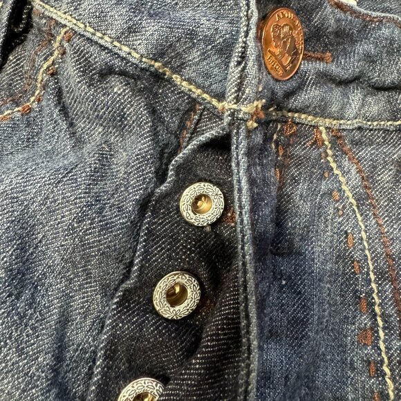 Antik Jeans Mens 33 Actual 34x30 Embroidered Pocket Brown Stitching Button Fly - Picture 8 of 14